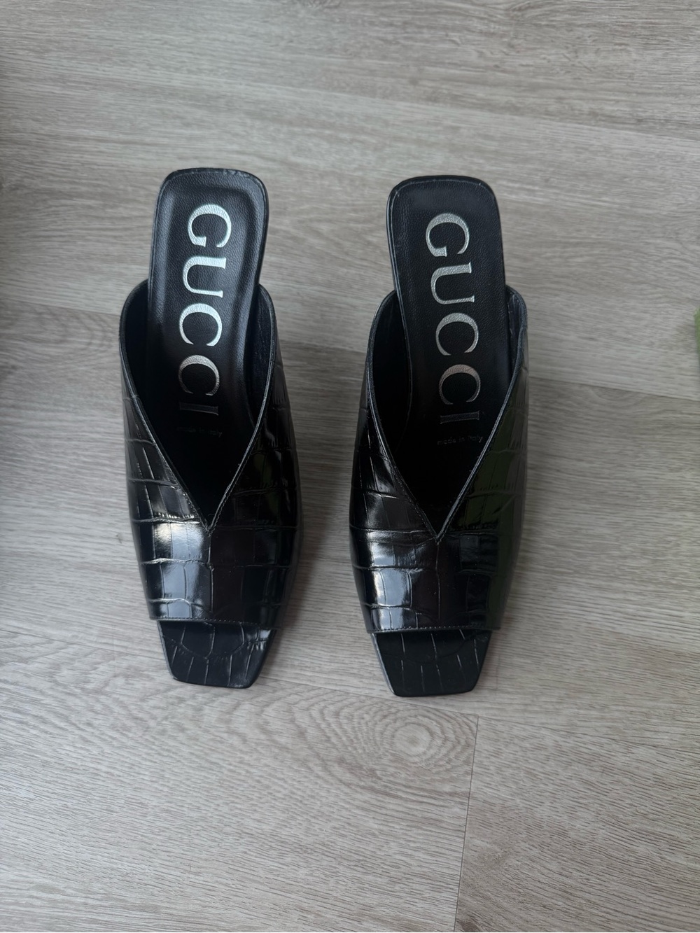 Gucci Black Croc-Embossed Slide Mules